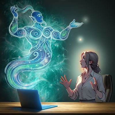 An office woman surprised by a genie in her laptop (Illustration made with help from AI).