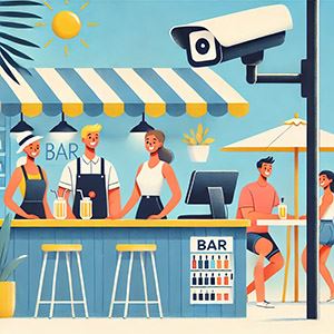 Illustrasjon av ansatte på en uterestaurant som blir kameraovervåket